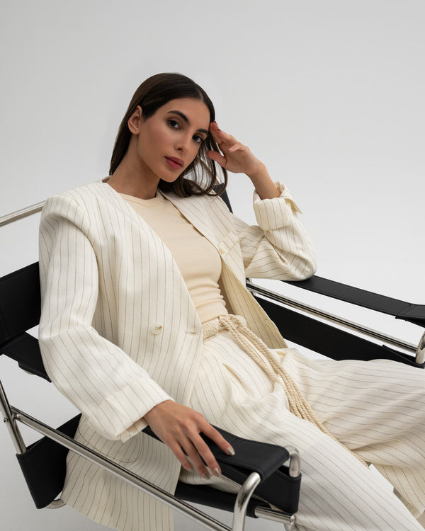 2 Buttons V-neck Striped Sets