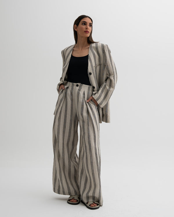 Buttoned Stripe Vneck Blazer SetX