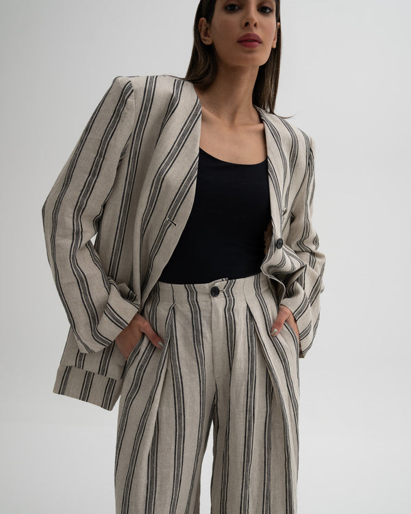 Buttoned Stripe Vneck Blazer SetX