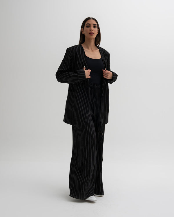 2 Buttons V-neck Striped Sets