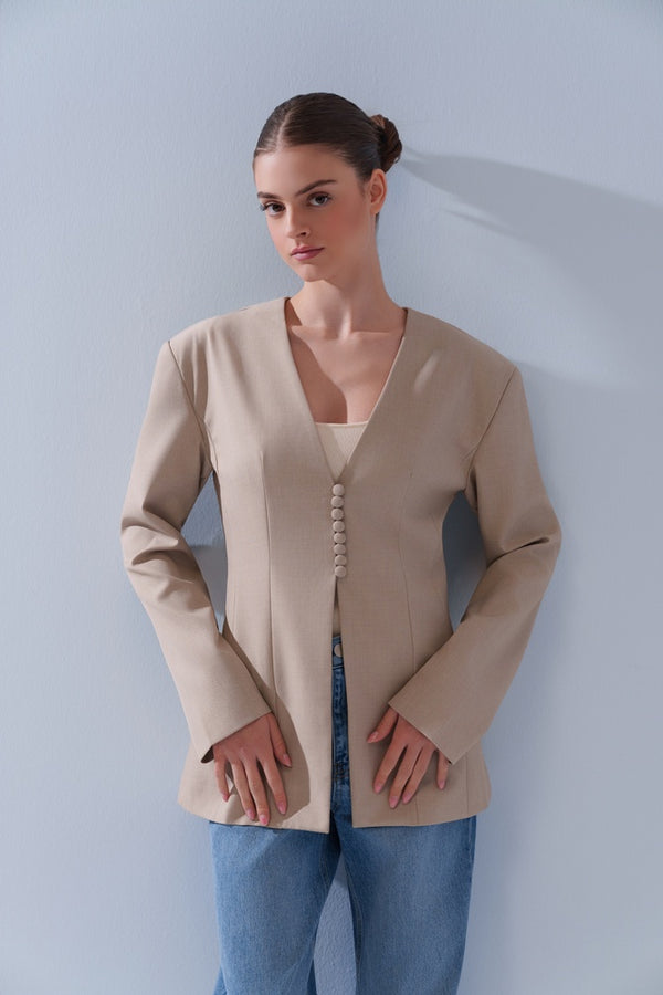 Button Collarless Blazer