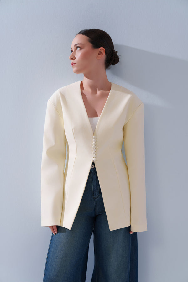 Button Collarless Blazer