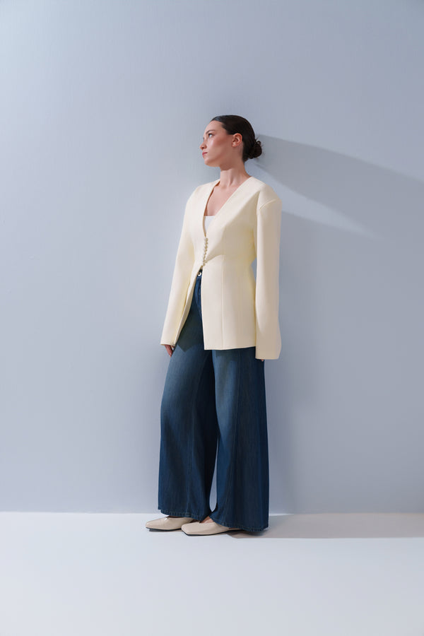 Button Collarless Blazer