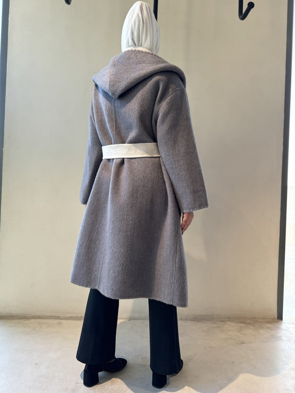 Loose Belt Gathered Waist Mid Length Coat