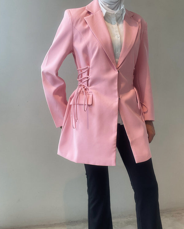 Drawstring Lace Up Design Mid Length Blazer Coat For Women