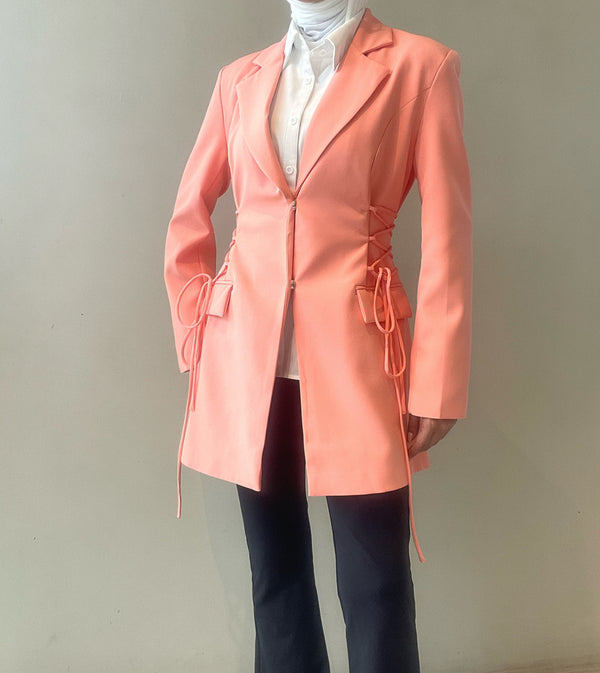Drawstring Lace Up Design Mid Length Blazer Coat For Women