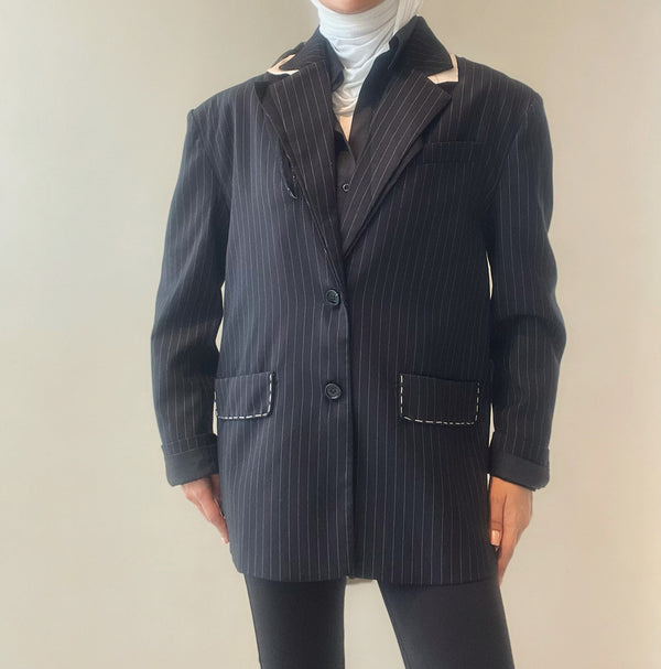 Fashion Women's Blazer Notched Collar Single Breasted Stripe Black