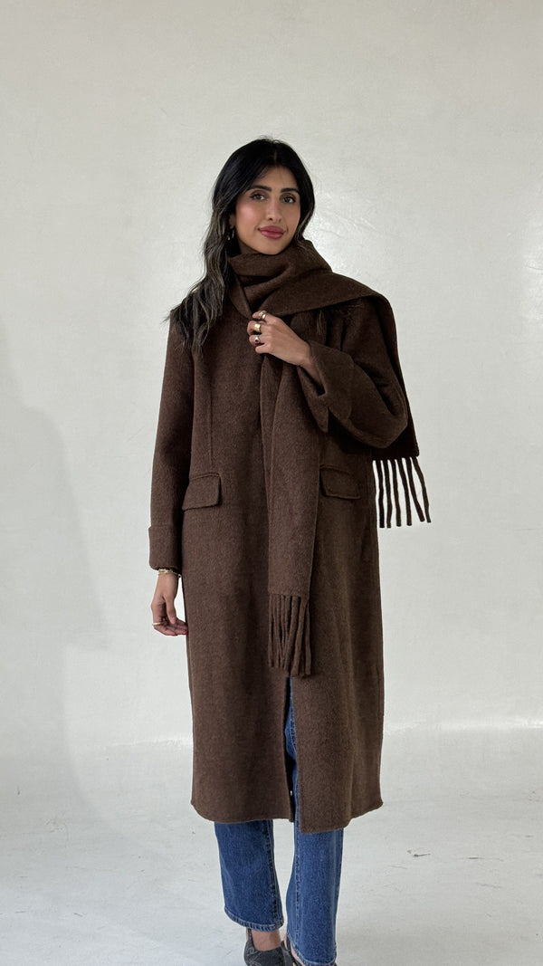 V-neck Wolen Coat with Scarf