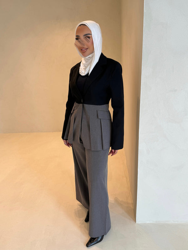 Colorblock Pleated Blazer Pants 2PC Set