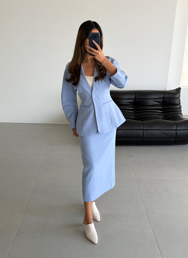 Uncollared Blazer Skirt Suit