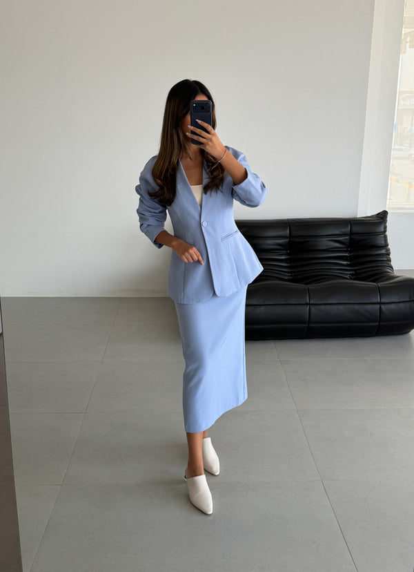 Uncollared Blazer Skirt Suit