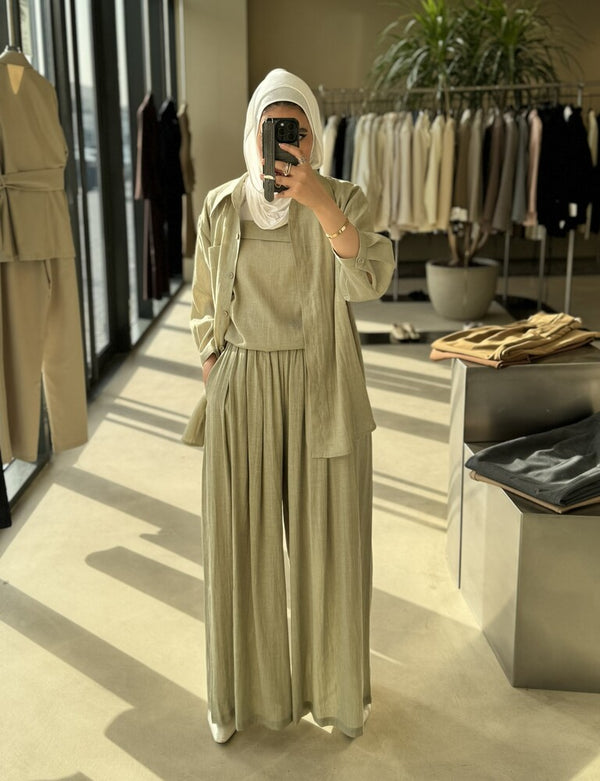 3PC Pleated Palazzo Trousers Set