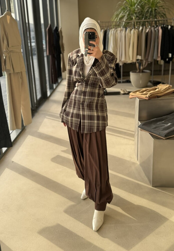 Belted Plaid Collared Shirt