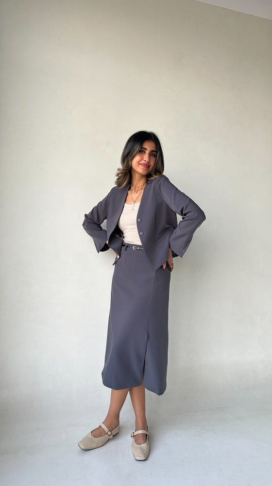 2PC Set V Neck Blazer + A-line Split Skirts