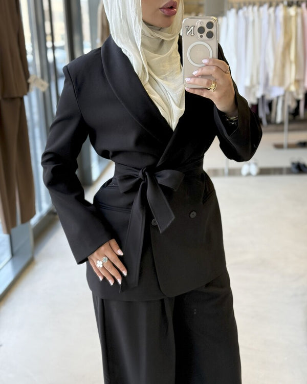 Belted  Collar Blazer Set