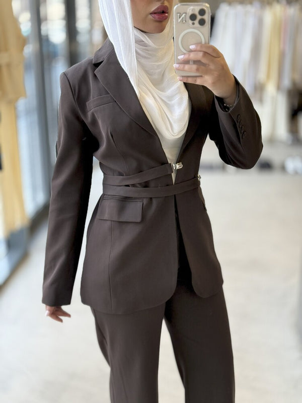2-Piece Buttonless Belted Blazer Set