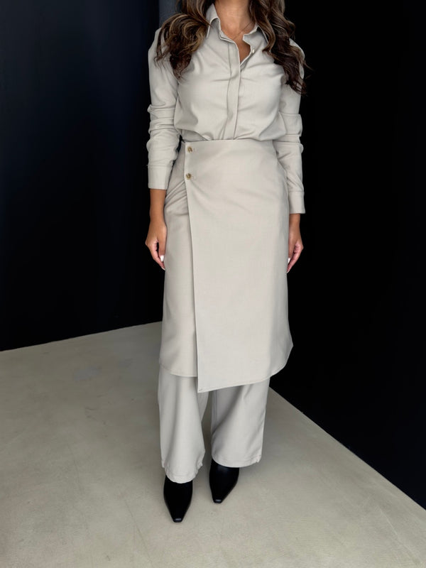 Belted Shirt + Wrap Skirt Pants Set
