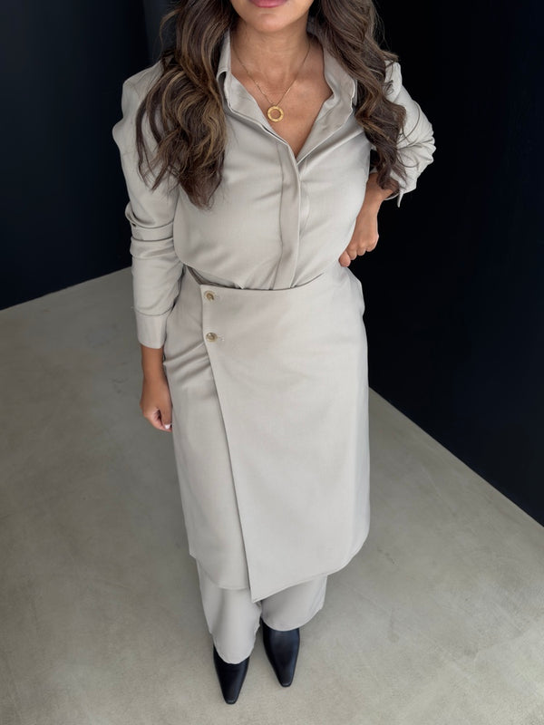 Belted Shirt + Wrap Skirt Pants Set