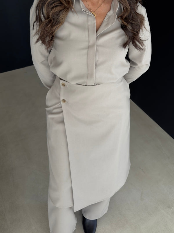 Belted Shirt + Wrap Skirt Pants Set