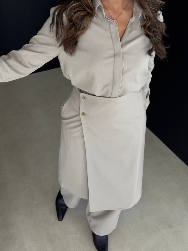 Belted Shirt + Wrap Skirt Pants Set
