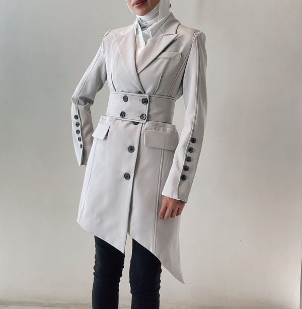 Long Sleeve Belt Waist Gray Long Suit Jackets Spring 2023