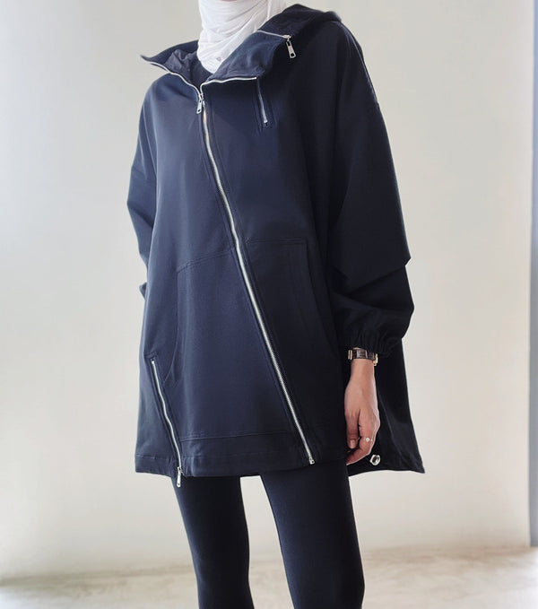 LOOSE BLACK ZIPPER IRREGULAR BIG SIZE LONG JACKET NEW HOODED معطف