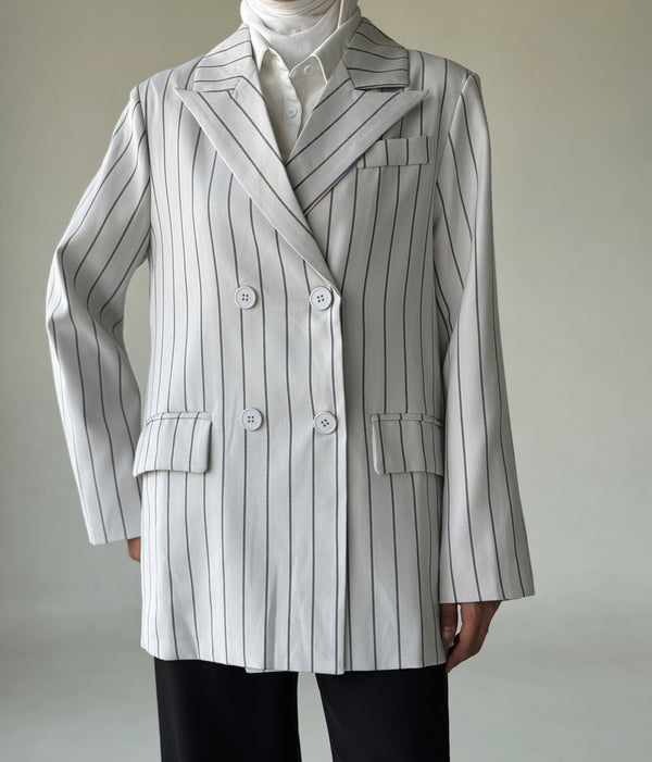 Women White Striped Casual Blazer بليزر