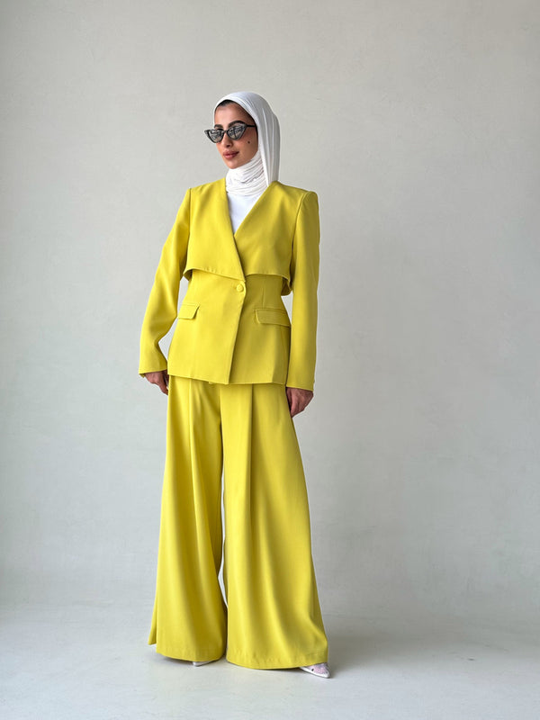 2Pcs Set V Neck Gathered Waist Blazer + Wide Leg Pants ملابس مجموعات كاملة