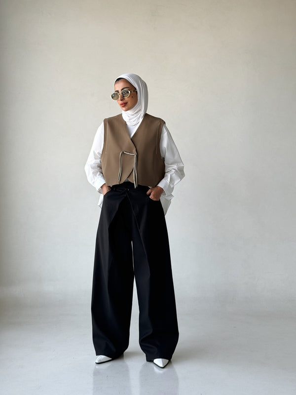 High Waist Double Layers Wide Leg Pants بنطال