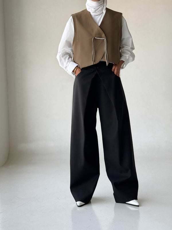 High Waist Double Layers Wide Leg Pants بنطال