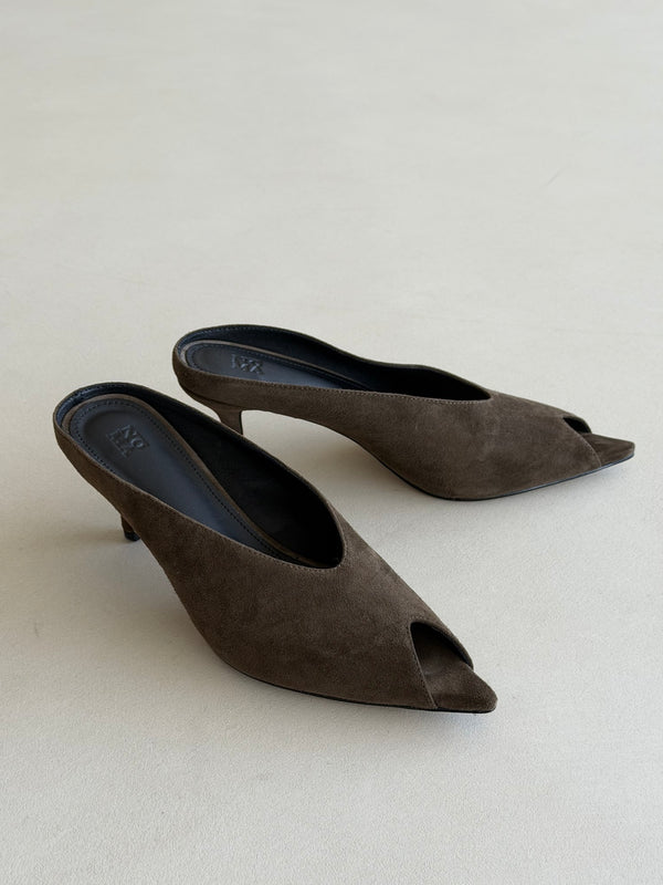 Pointed Peep-toe Faux Sued Mules