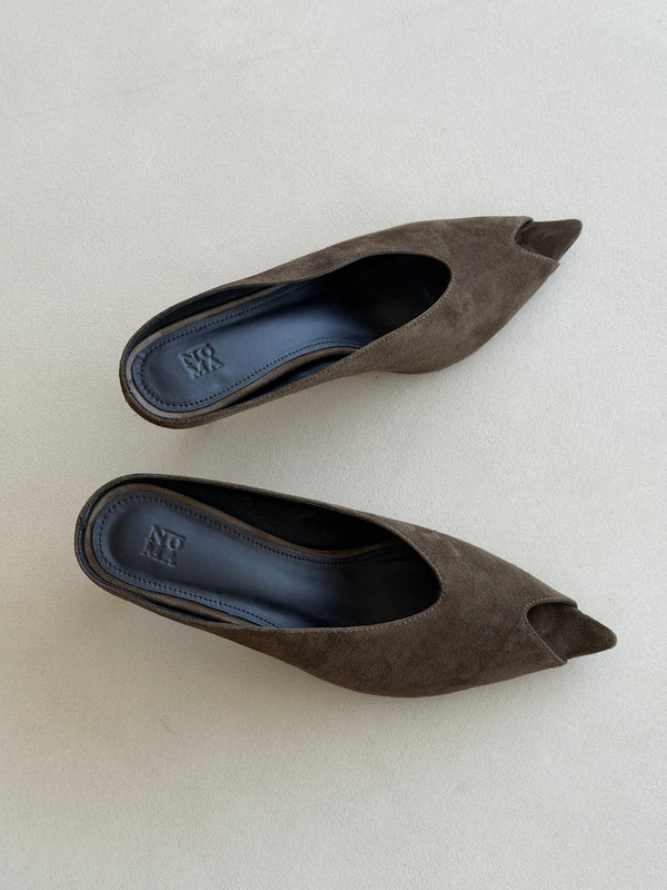 Pointed Peep-toe Faux Sued Mules