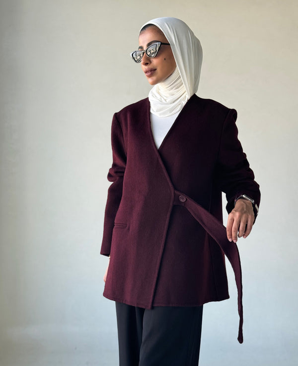 V-neck Lace Up Woolen Coatالسترات الخارجية / البليزرات