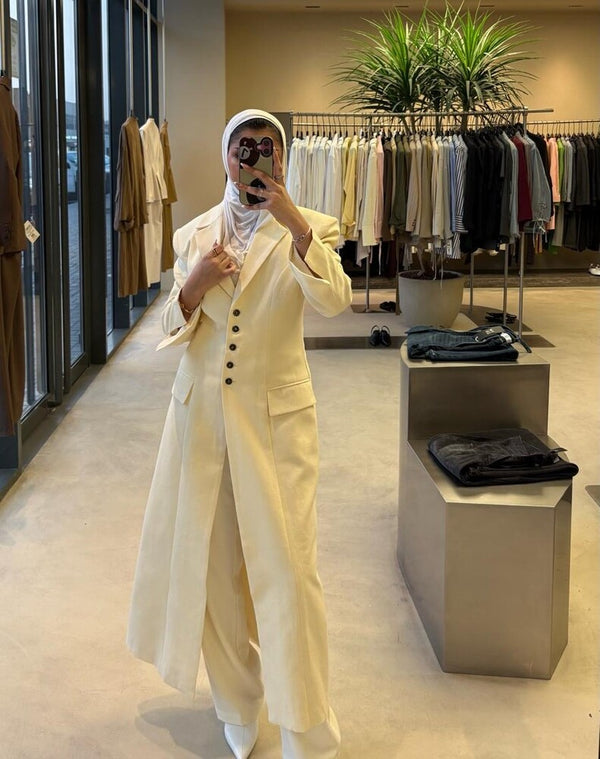 Linen Waist Gathered Long Blazer