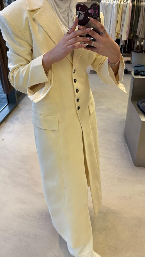 Linen Waist Gathered Long Blazer
