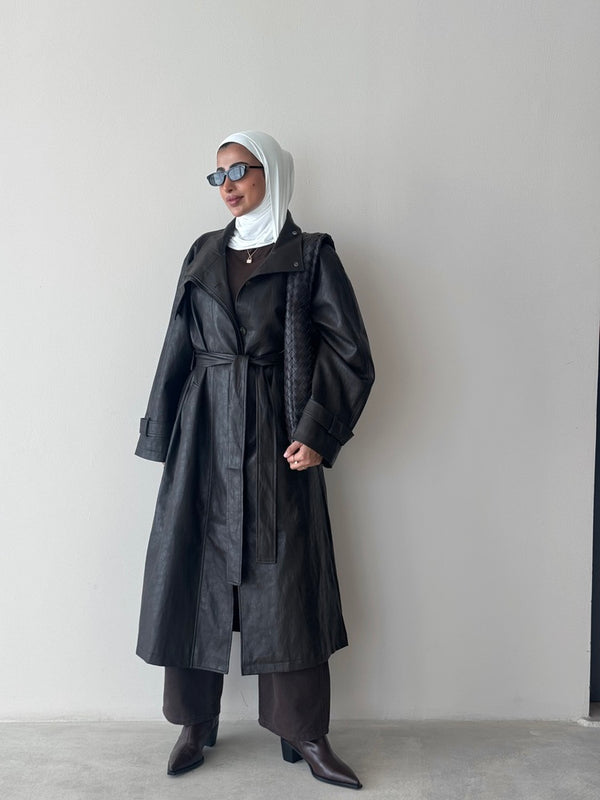 Leather Stand Collar Coat w/ Belt