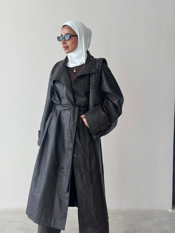 Leather Stand Collar Coat w/ Belt
