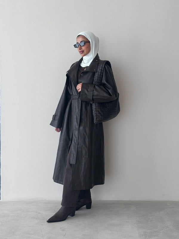 Leather Stand Collar Coat w/ Belt