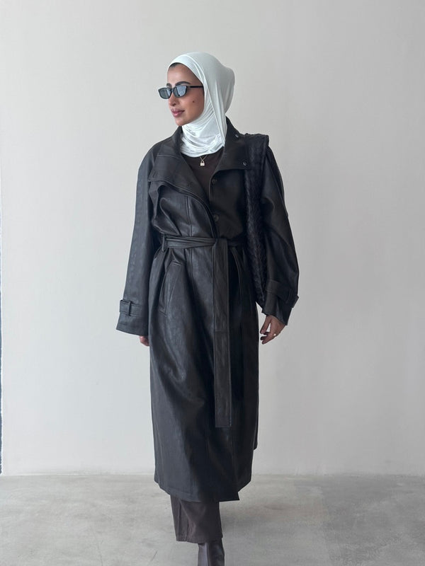 Leather Stand Collar Coat w/ Belt