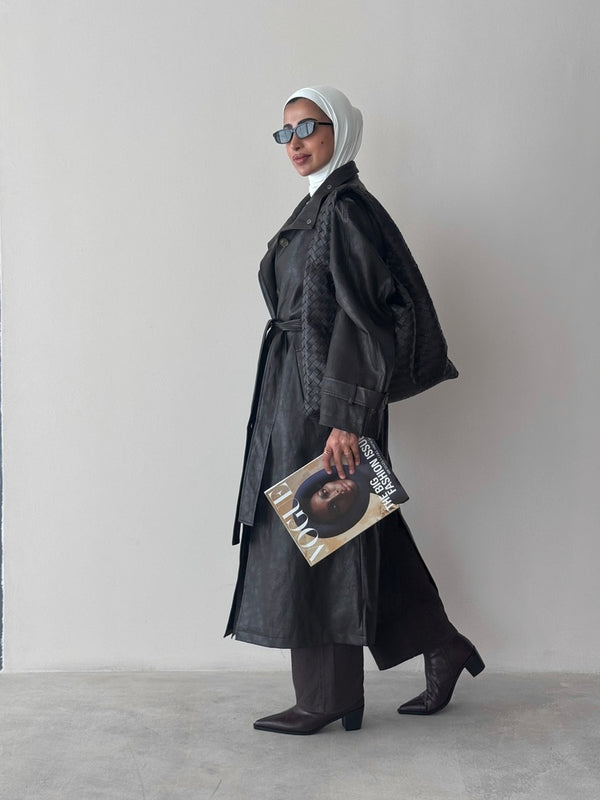 Leather Stand Collar Coat w/ Belt