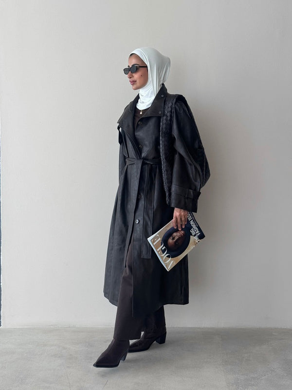 Leather Stand Collar Coat w/ Belt