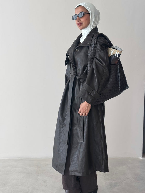 Leather Stand Collar Coat w/ Belt