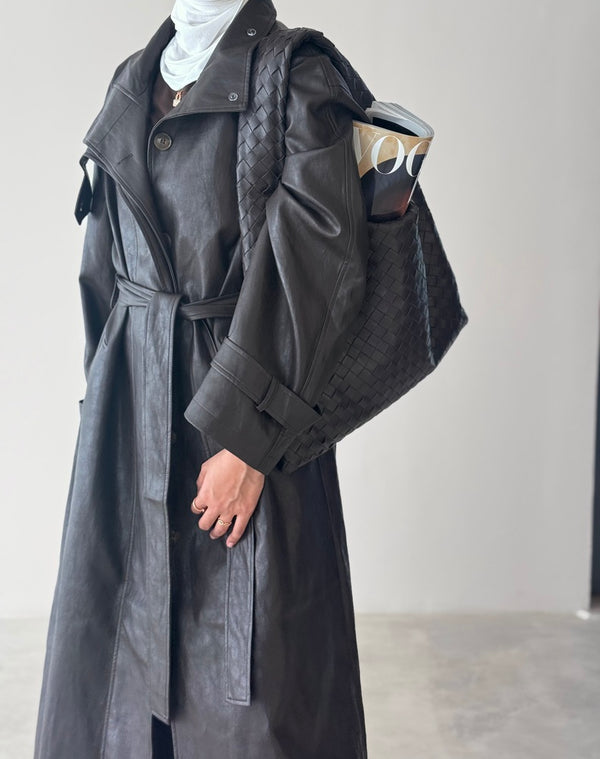 Leather Stand Collar Coat w/ Belt