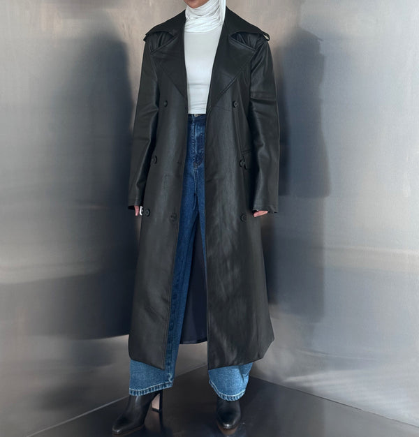 6 Buttons PU Leather Long Coat