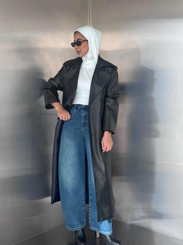 6 Buttons PU Leather Long Coat