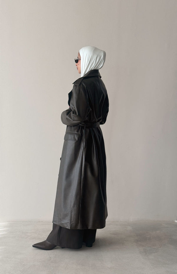 6 Buttons PU Leather Long Coat