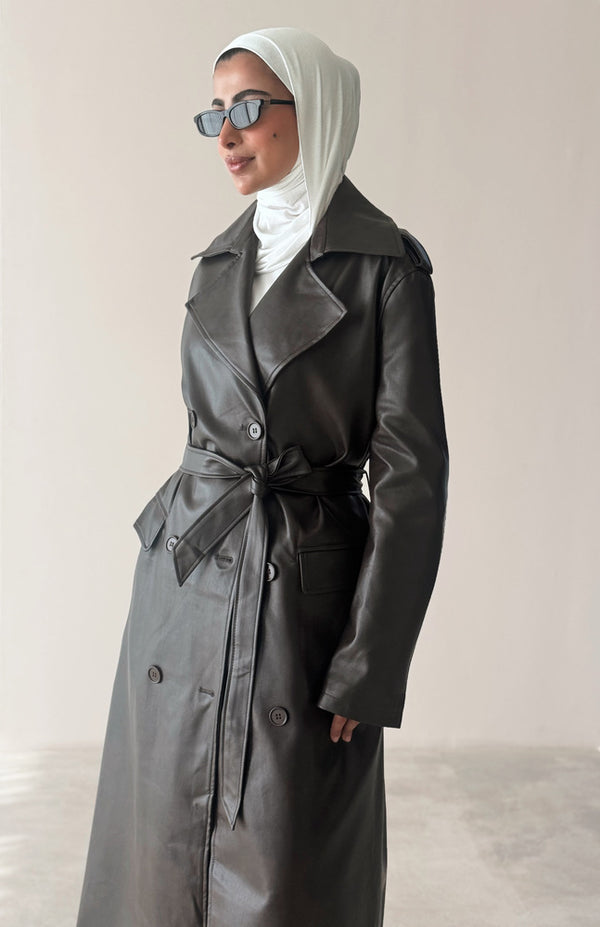 6 Buttons PU Leather Long Coat