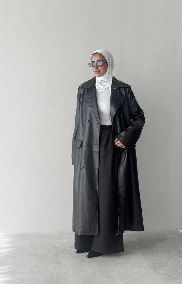 6 Buttons PU Leather Long Coat