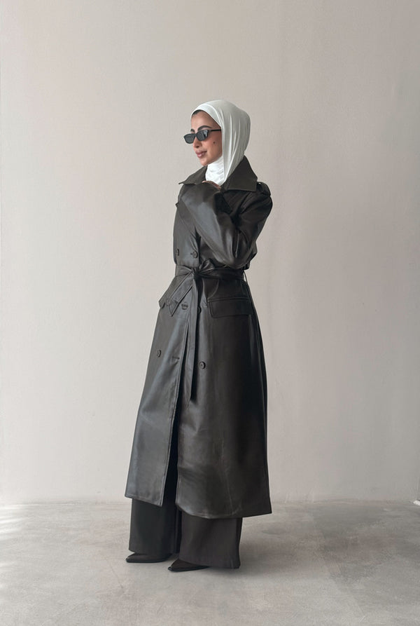 6 Buttons PU Leather Long Coat