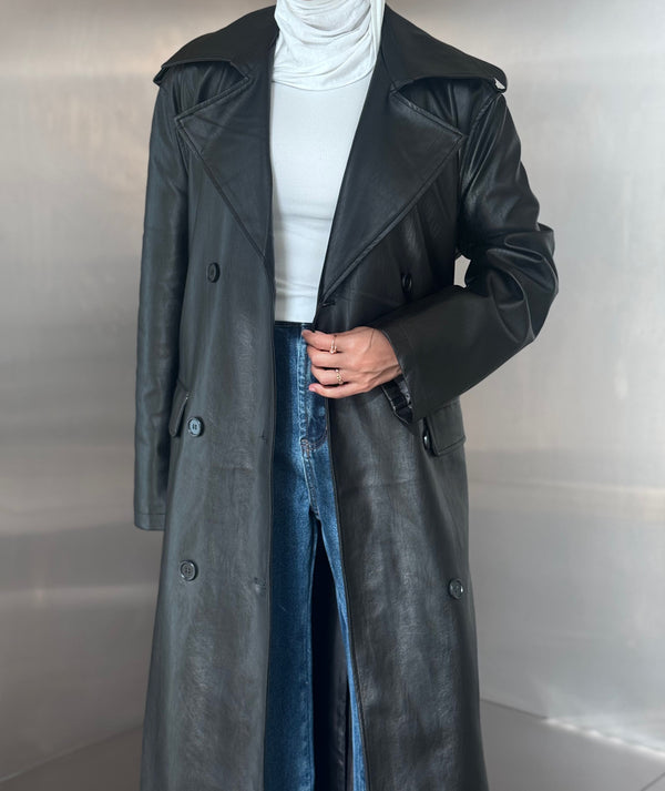 6 Buttons PU Leather Long Coat